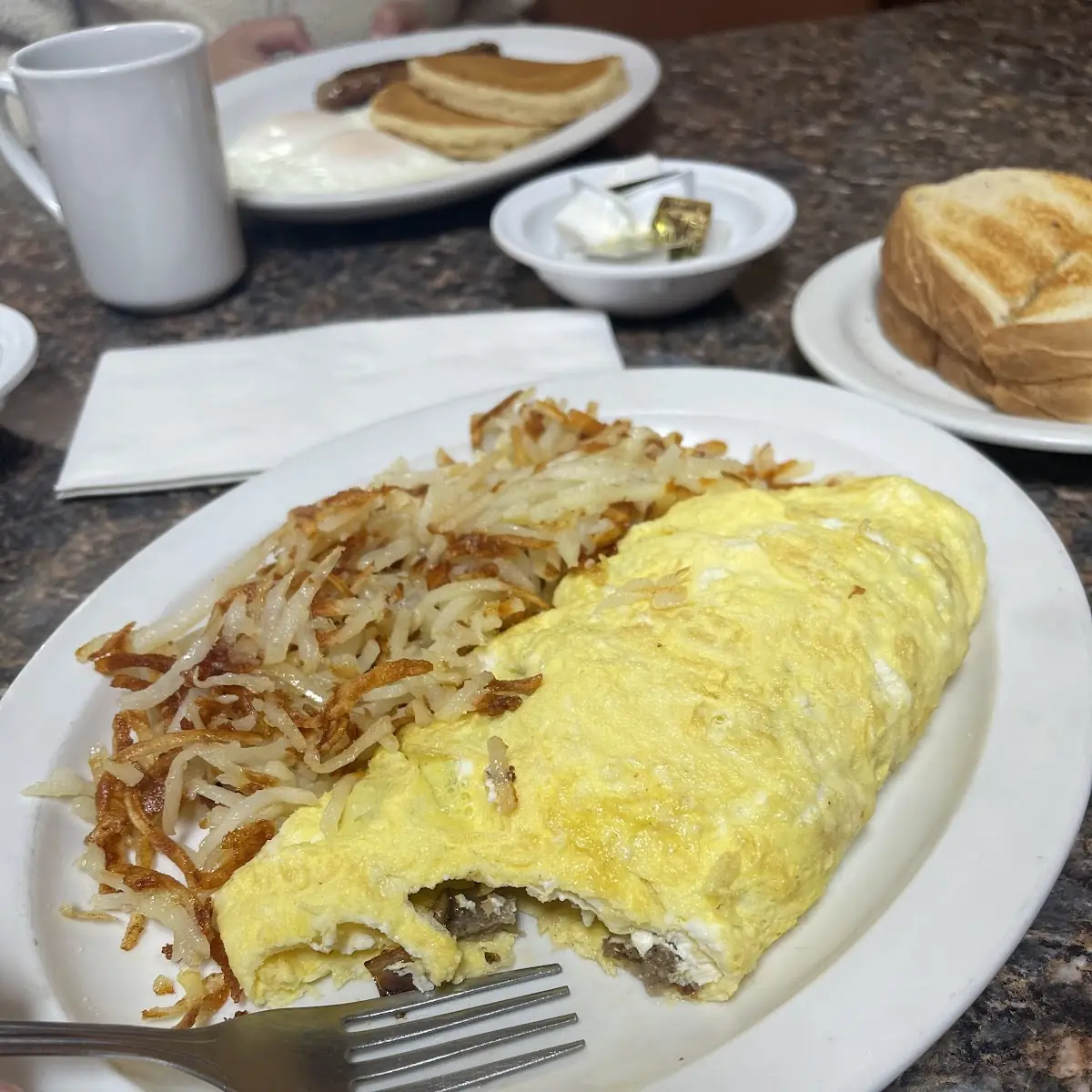 Scrambled Eggs Turkey Sausage and Hash Browns