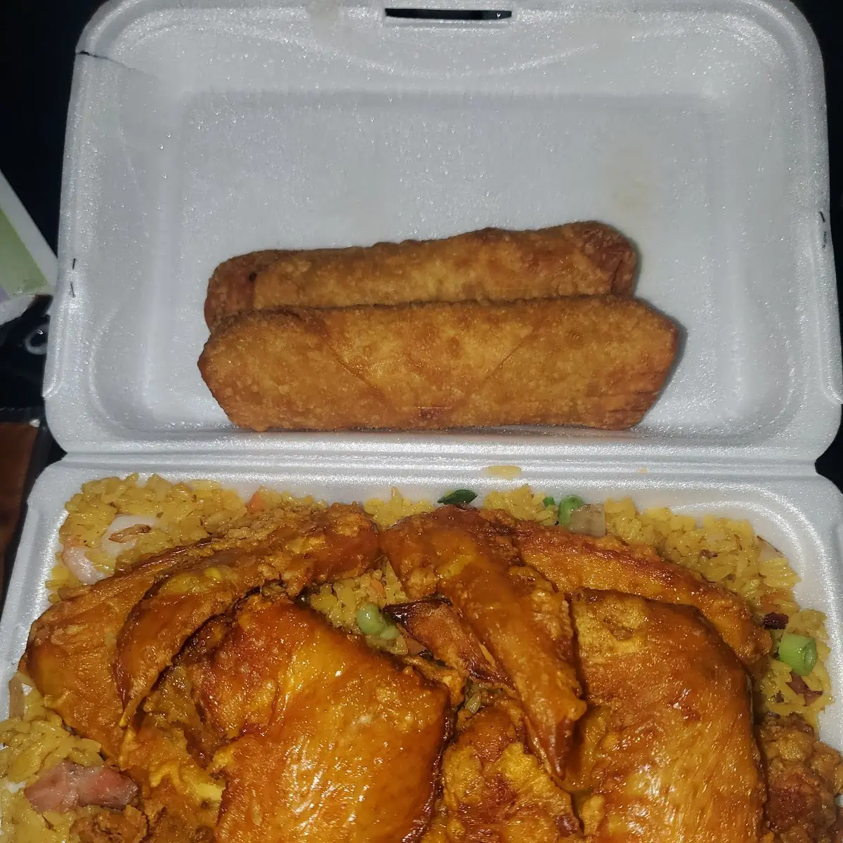 Combination Fried Rice Fried Chicken Wings Pork Egg Rolls