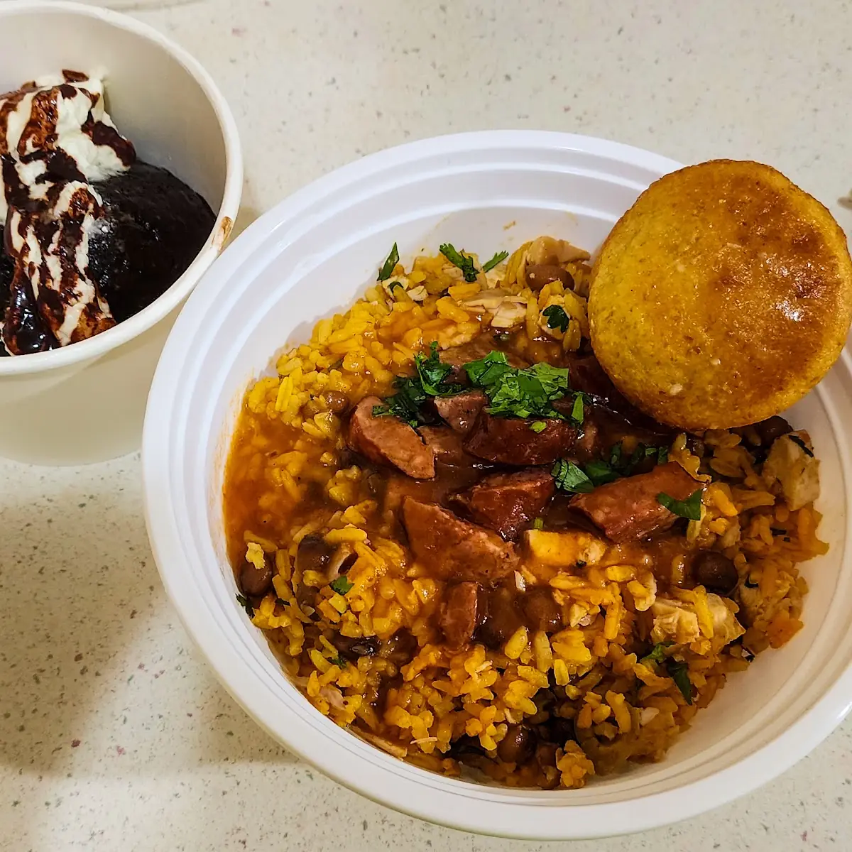 Arroz Con Pollo Bowl Cornbread Chocolate Cake