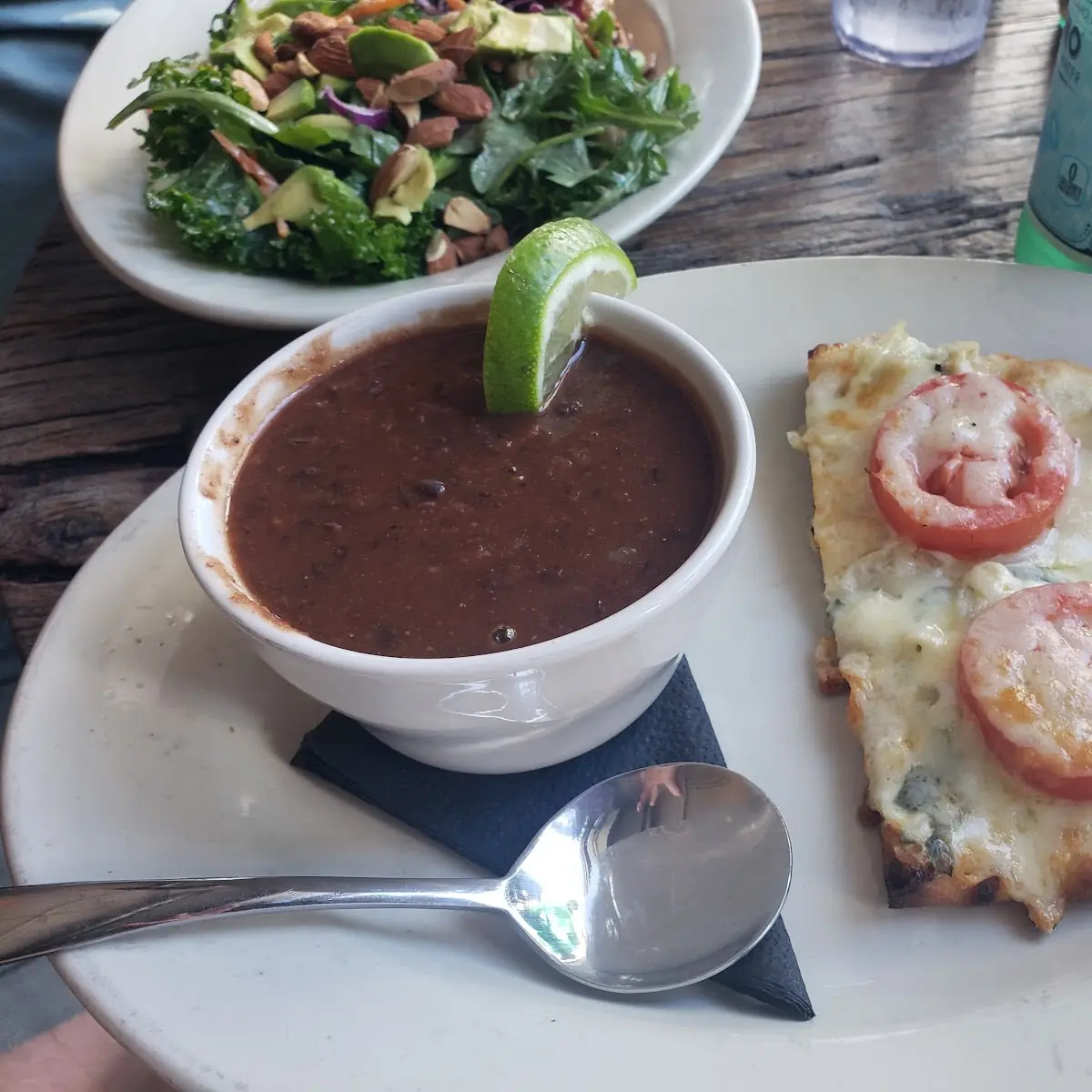 Black Bean Soup and Cheese and Tomato Flatbread