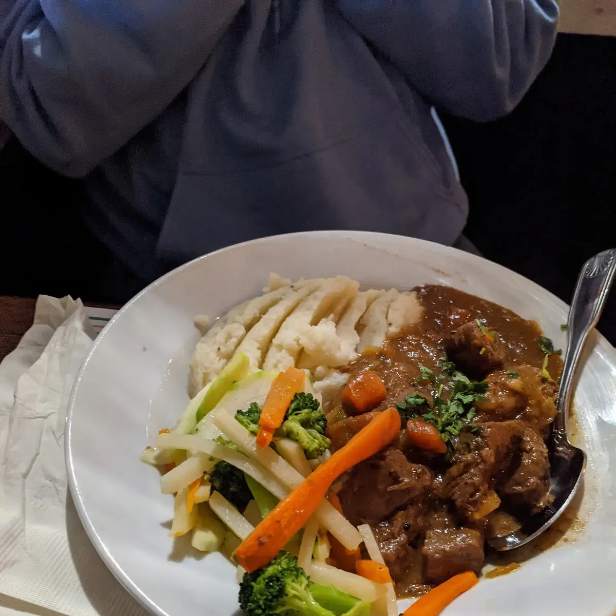 Guinness Stew with Mashed Potatoes and Steamed Vegetables
