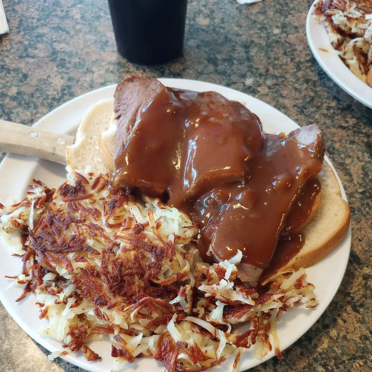 Open Face Roast Beef with Hash Browns