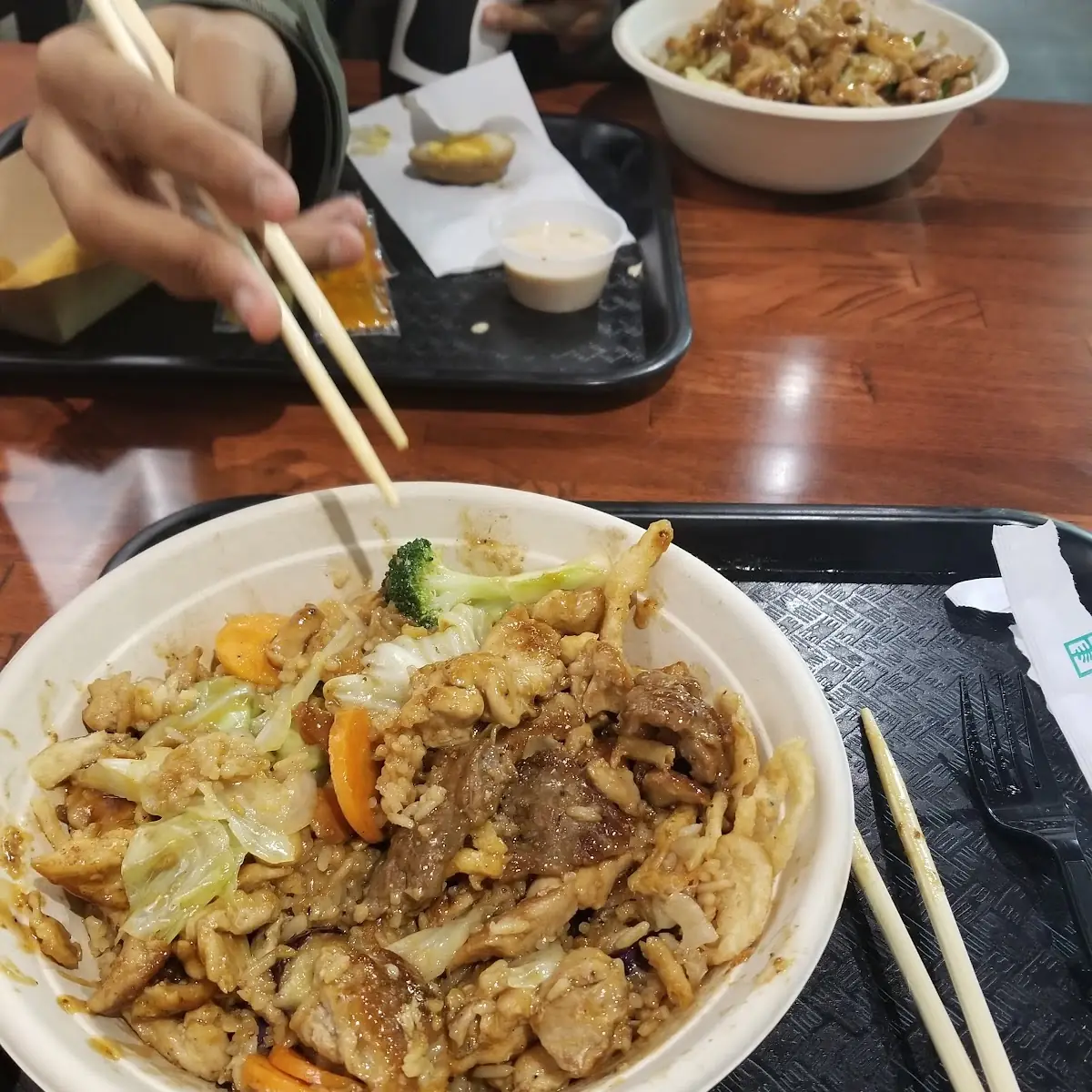 Chicken and Beef with Fried Rice Fried Onions Mixed Vegetables and Eggplant