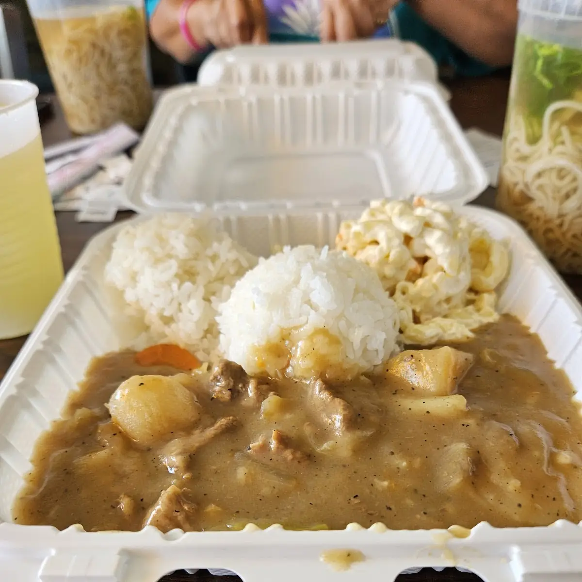 Curry Stew Beef with Rice and Mac Salad