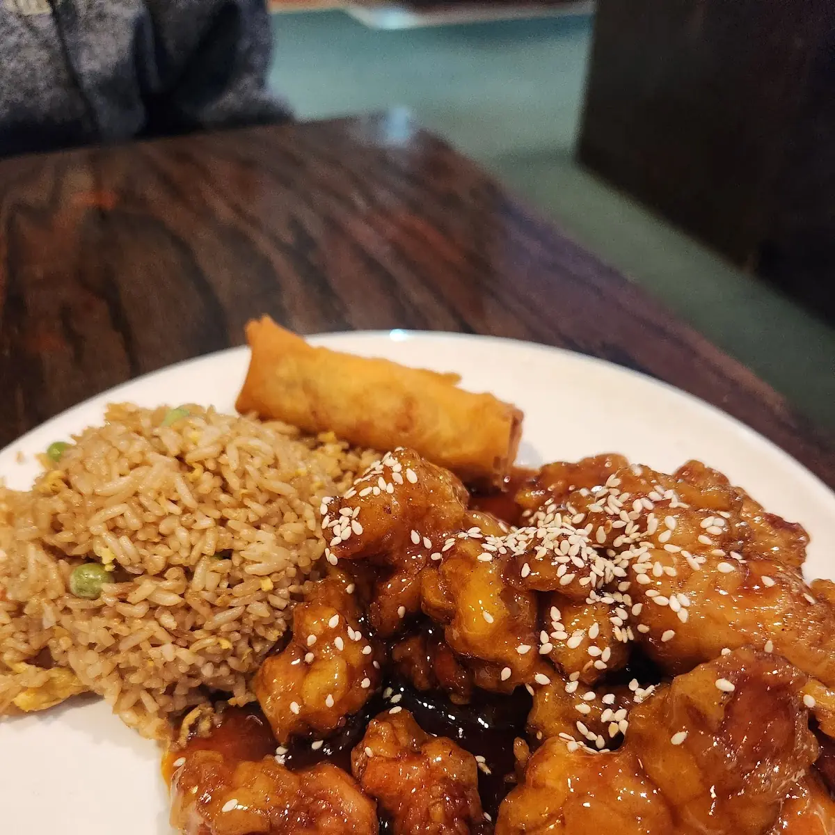 Sesame Chicken with Egg Roll and Fried Rice