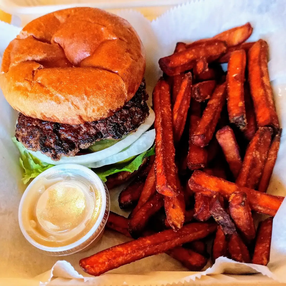 Bison Burger and Sweet Potato Fries