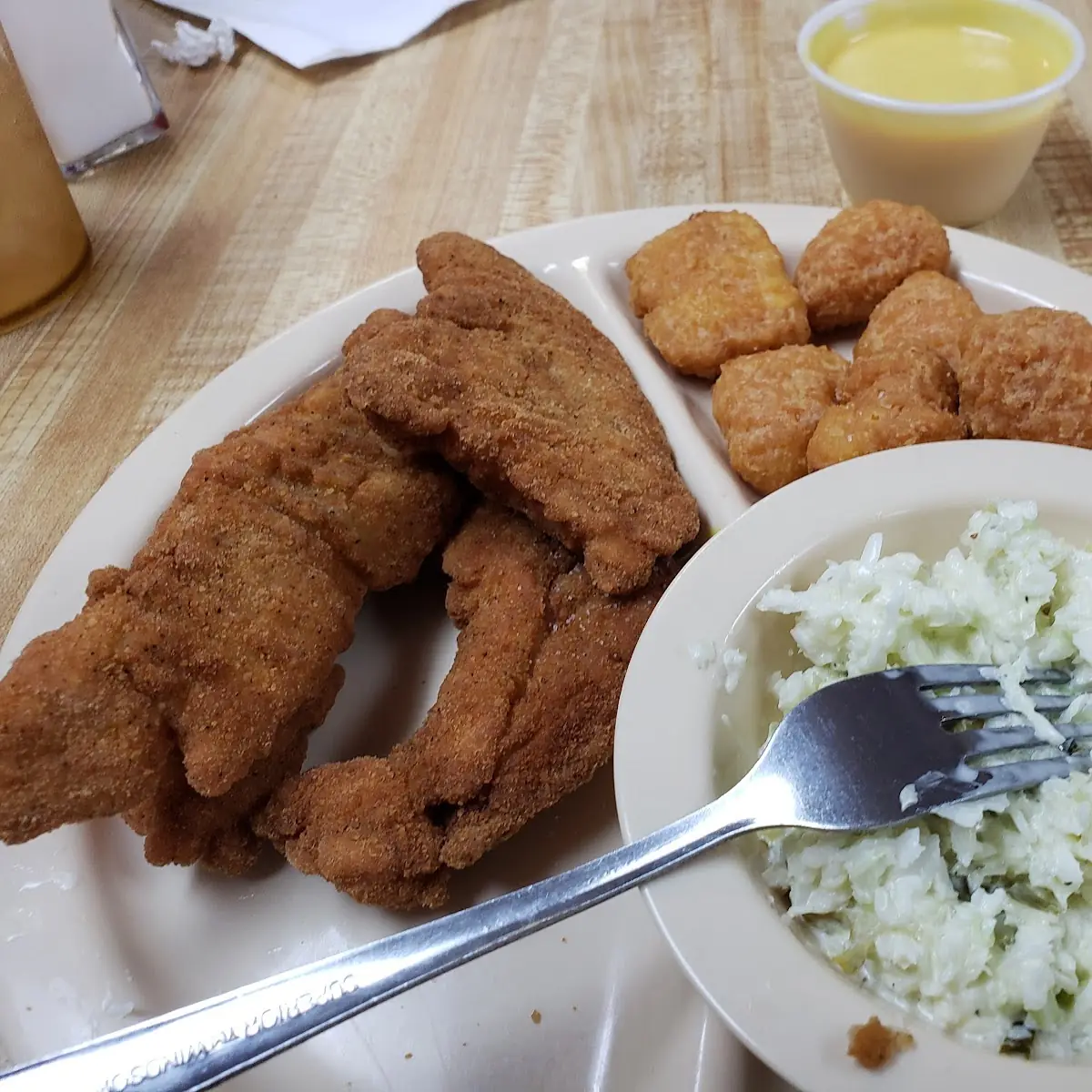 Chicken Strips Corn Nuggets and Cold Slaw