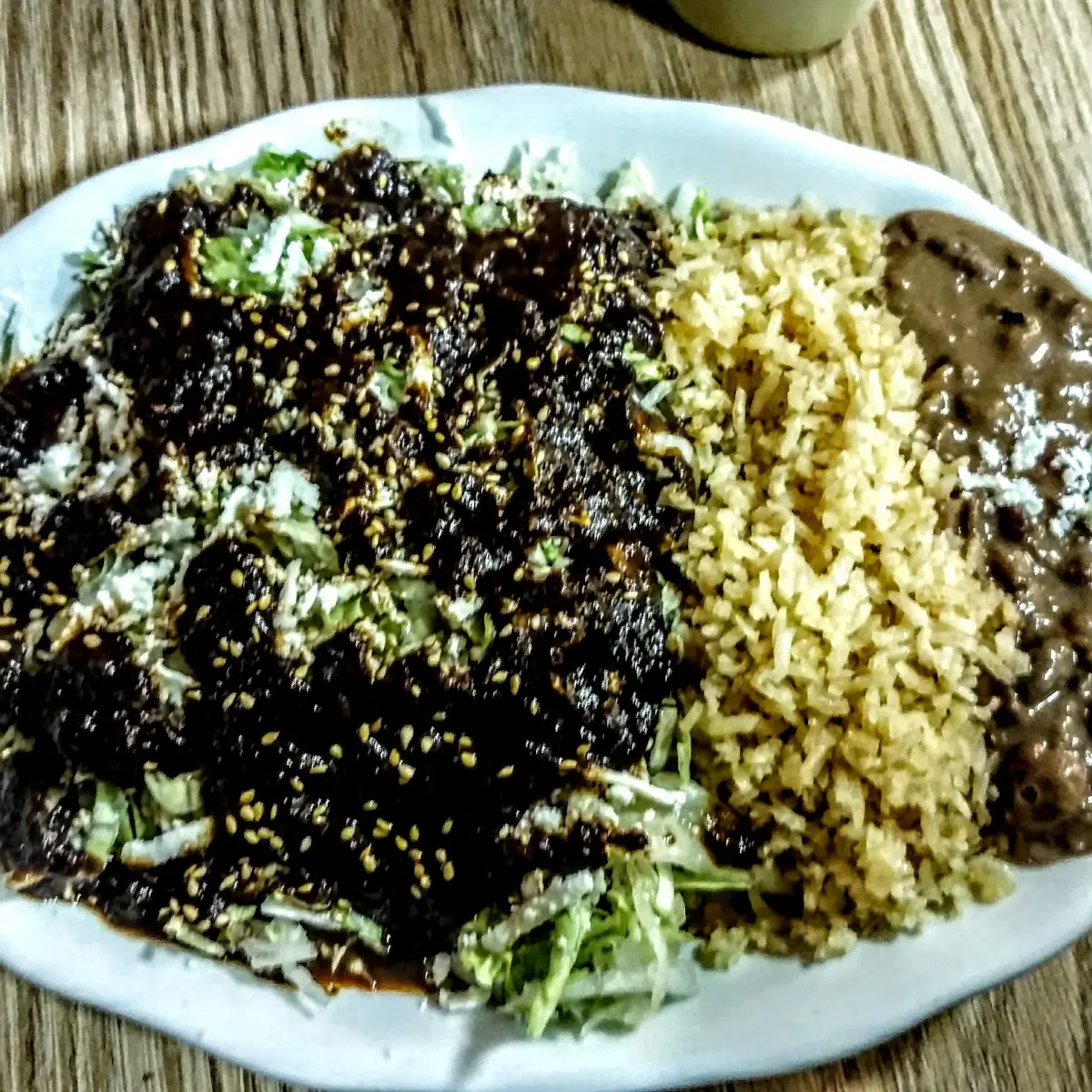 Mole Chicken Enchilada with Rice and Beans