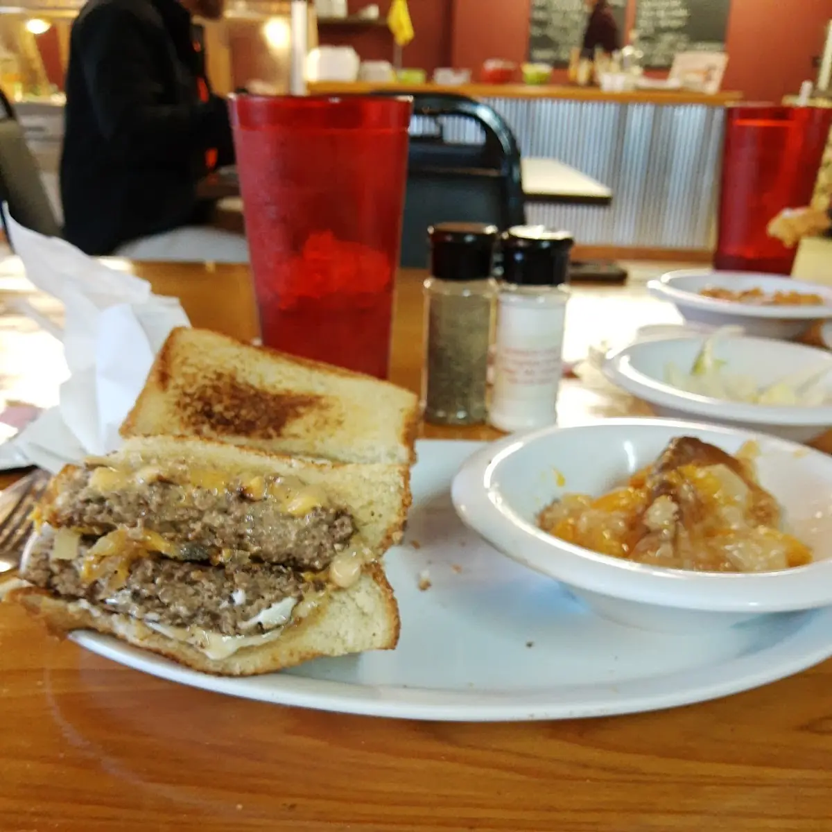 Patty Melt with Peach Cobbler