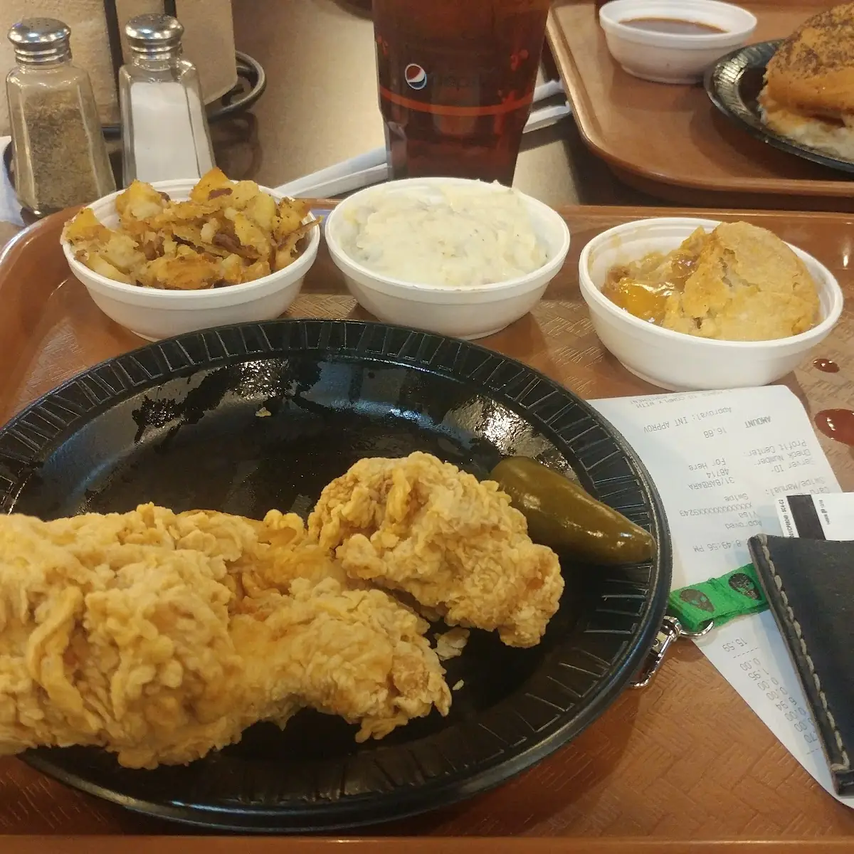 Hash Browns Mashed Potatoes Apple Cobbler Gravy and Chicken Strips