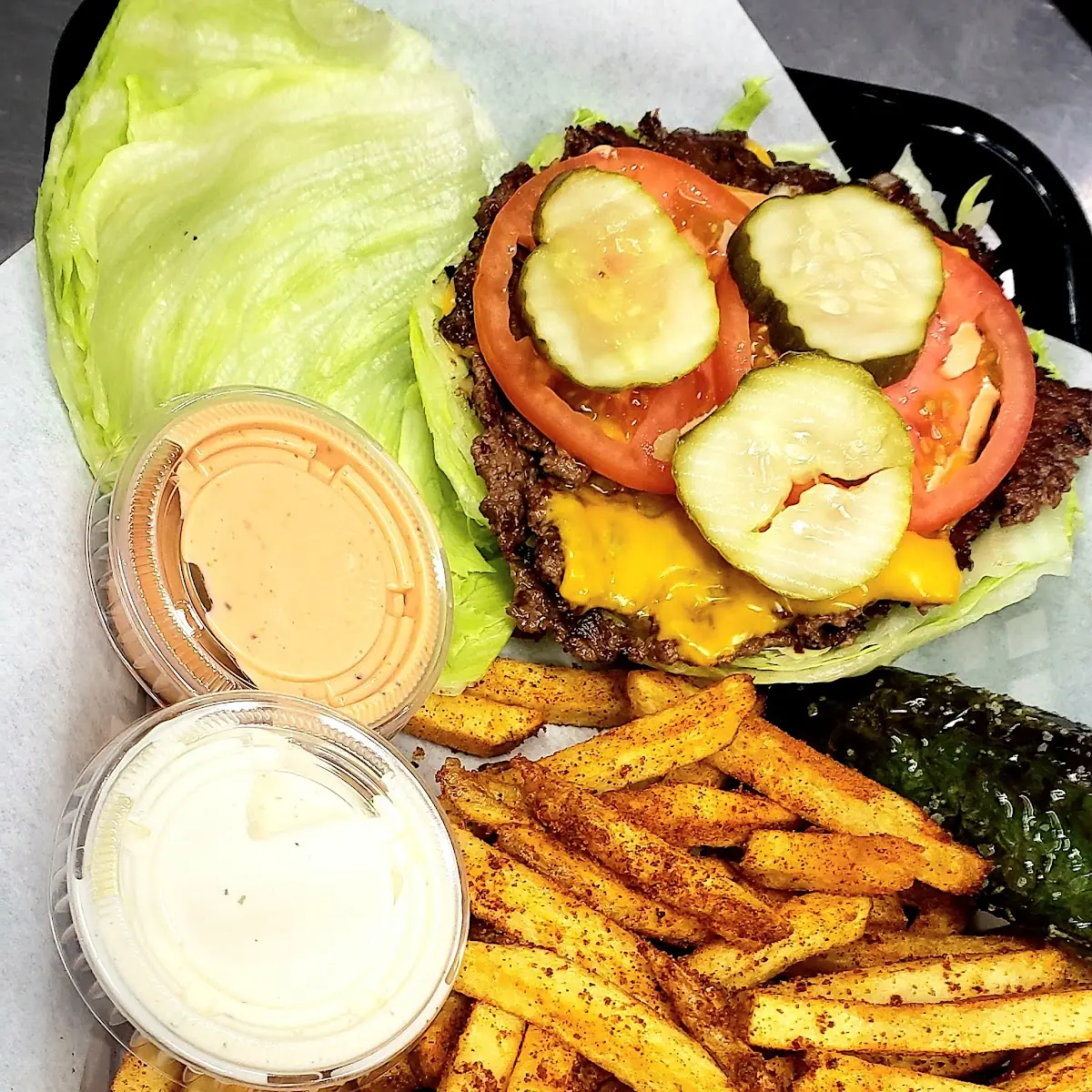 Protein Style Double Smashed Burger Cajun Fries