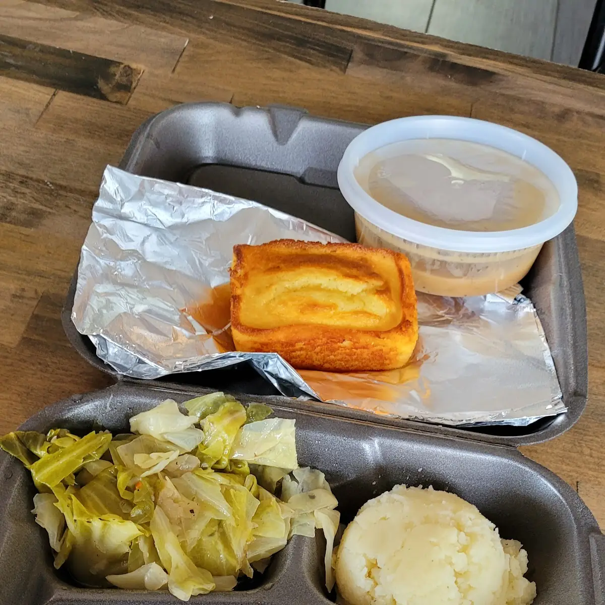 Baked Spaghetti Cabbage Mashed Potatoes Gravy on the Side and Cornbread