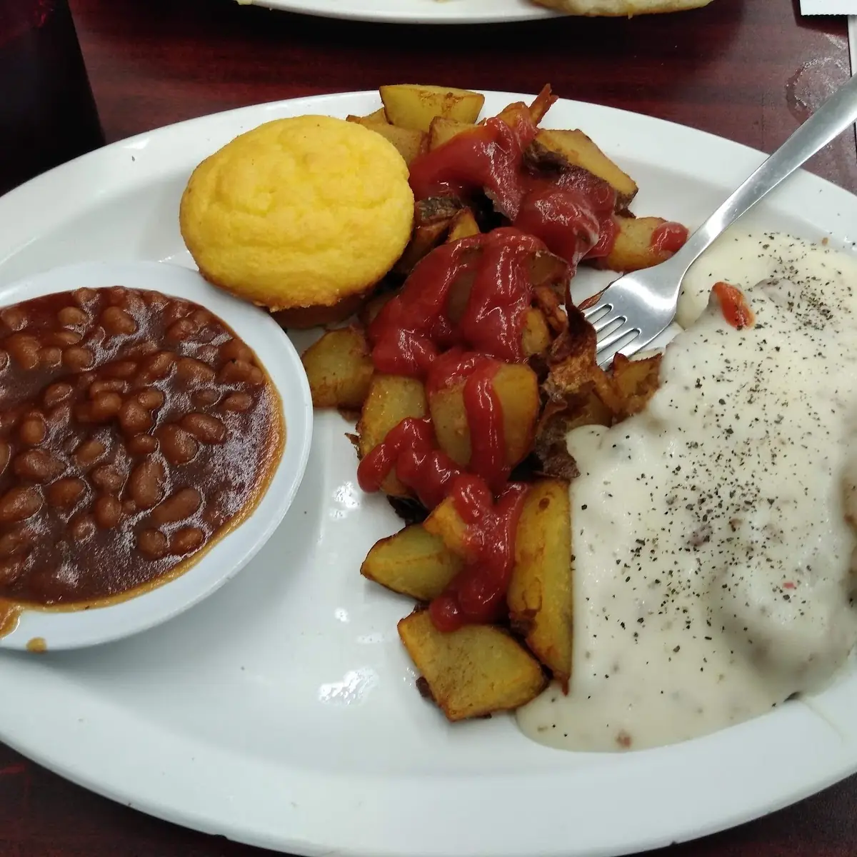 Country Fried Steak Baked Beans Fried Potatoes