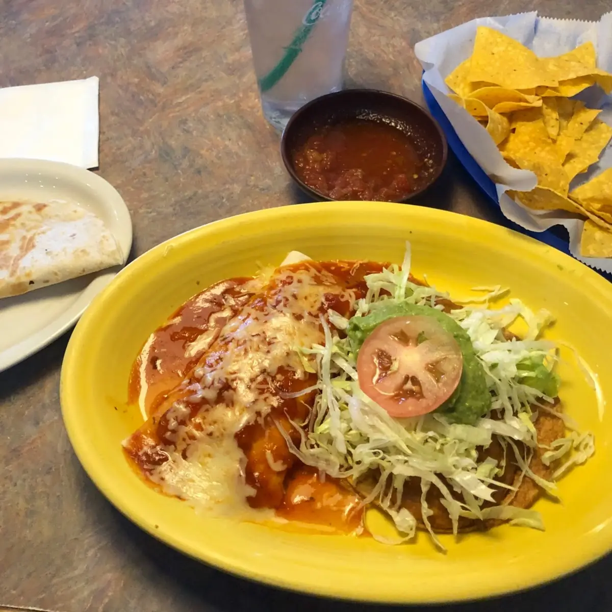 One Bean Tostada One Cheese Enchilada and Bean Burrito