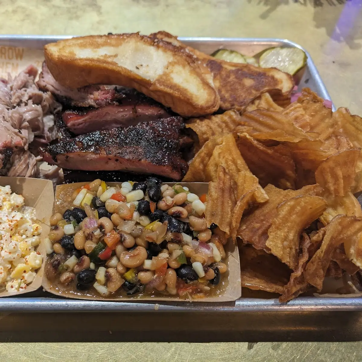 3 Meat Sampler Platter Pulled Pork Brisket & Ribs 3 Sides Cowboy Caviar Street Corn Salad & Chips
