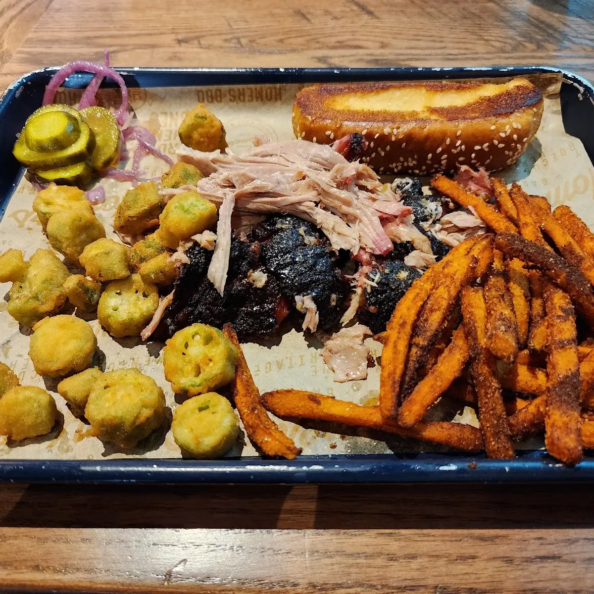 Pulled Pork Plate Okra Sweet Potato Fries