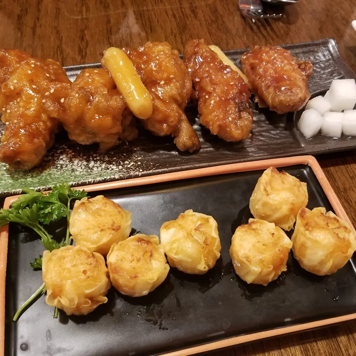 Korean Fried Chicken and Fried Shrimp Shumai