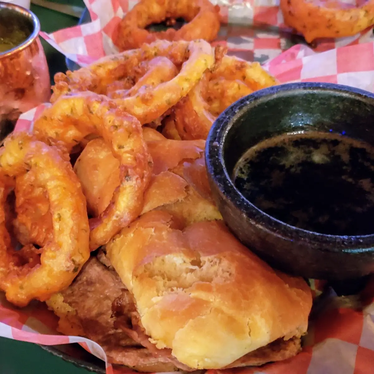 French Dip Sandwich with Onion Rings
