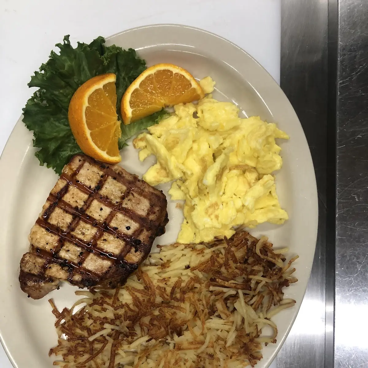 Grilled Pork Chop & Scrambled Eggs