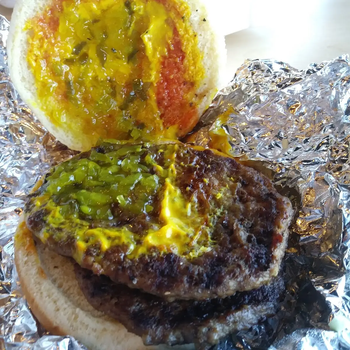 Double Hamburger with Ketchup Mustard and Relish