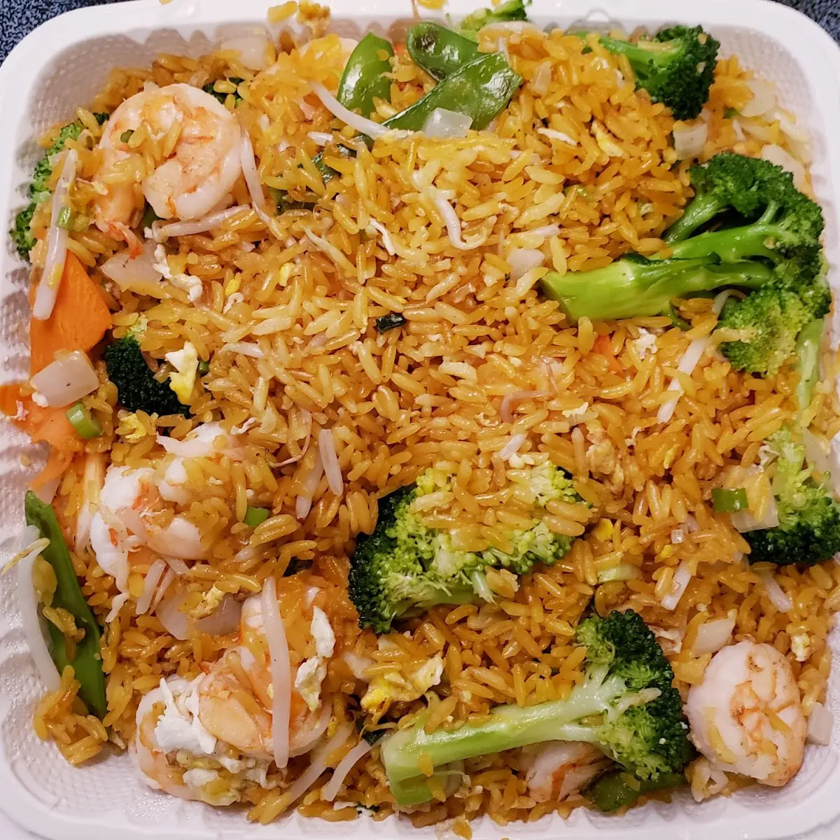 Shrimp Fried Rice Added Egg Broccoli Carrots and Snow Peas