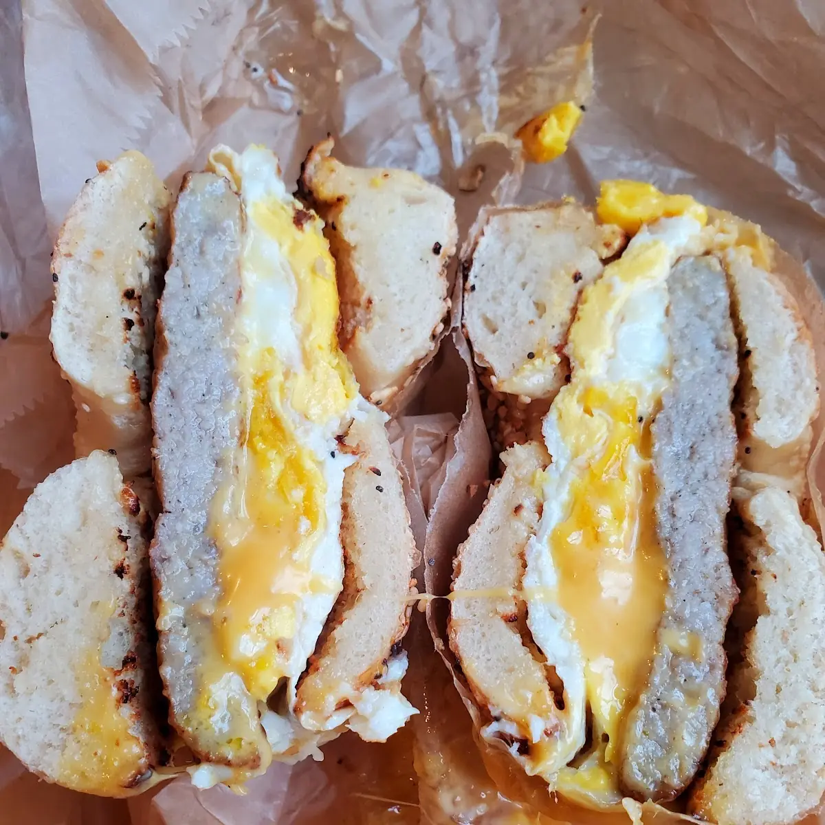 Sausage Egg and Cheese on Everything Bagel