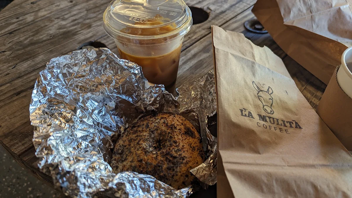 Everything Bagel with Cream Cheese and a Ice Coffee