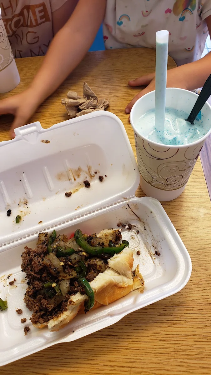 Jalapeno and Steak Sandwich with Blue Raspberry Chip Shake