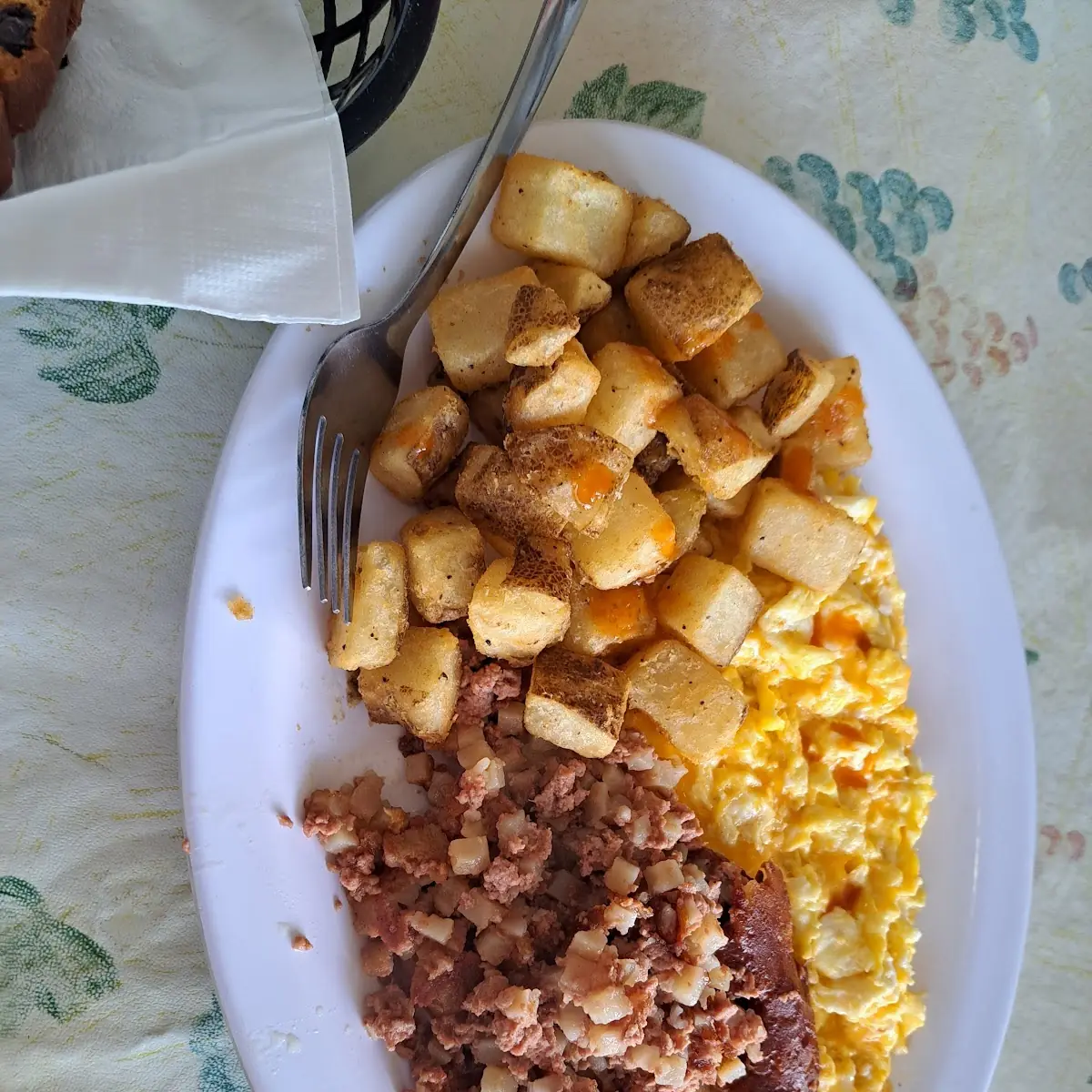 Scrambled Eggs Home Fries and Corn Beef Hash