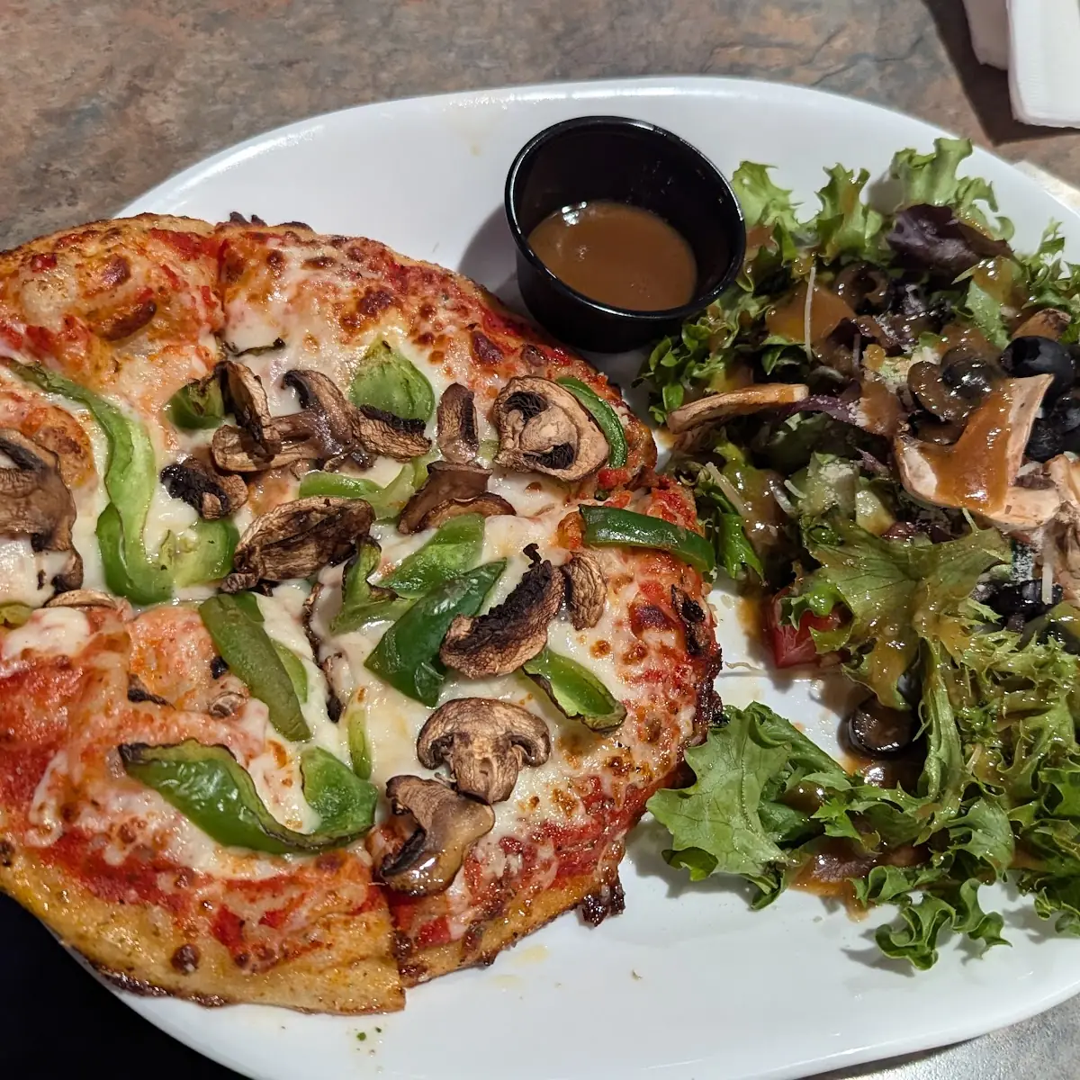 Personal Pizza Mushroom Pepper with Side Salad