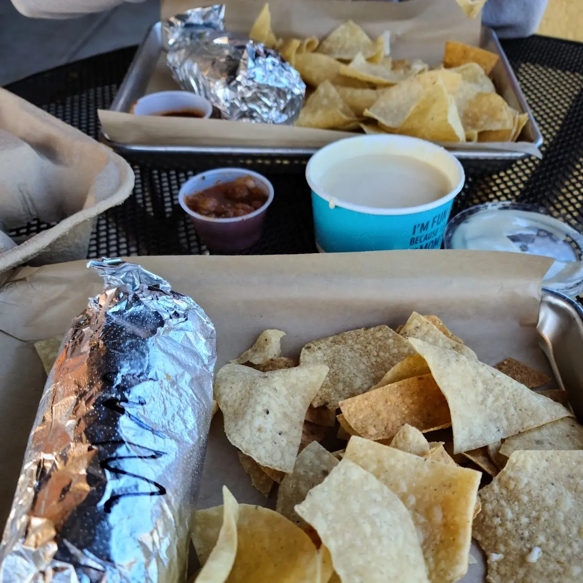 Chicken Burrito and Chips and Queso