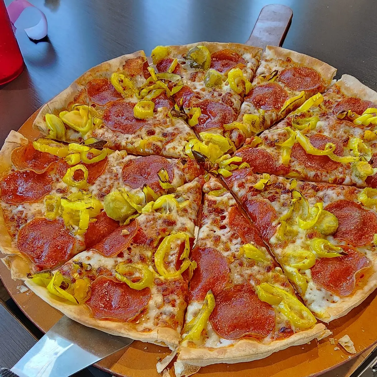 Peperoni and Banana Peppers Thin Crust