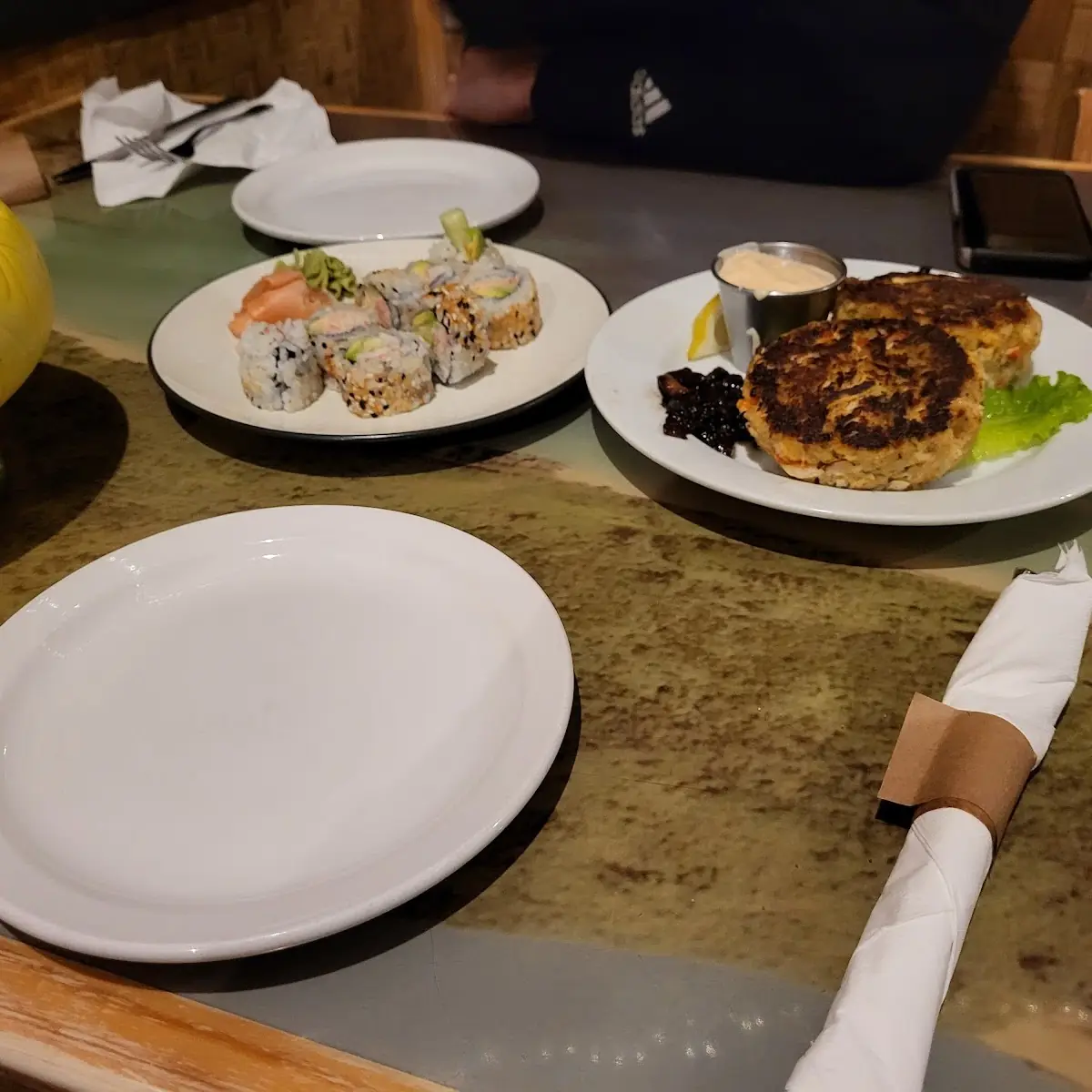 California Roll and Crab Cakes