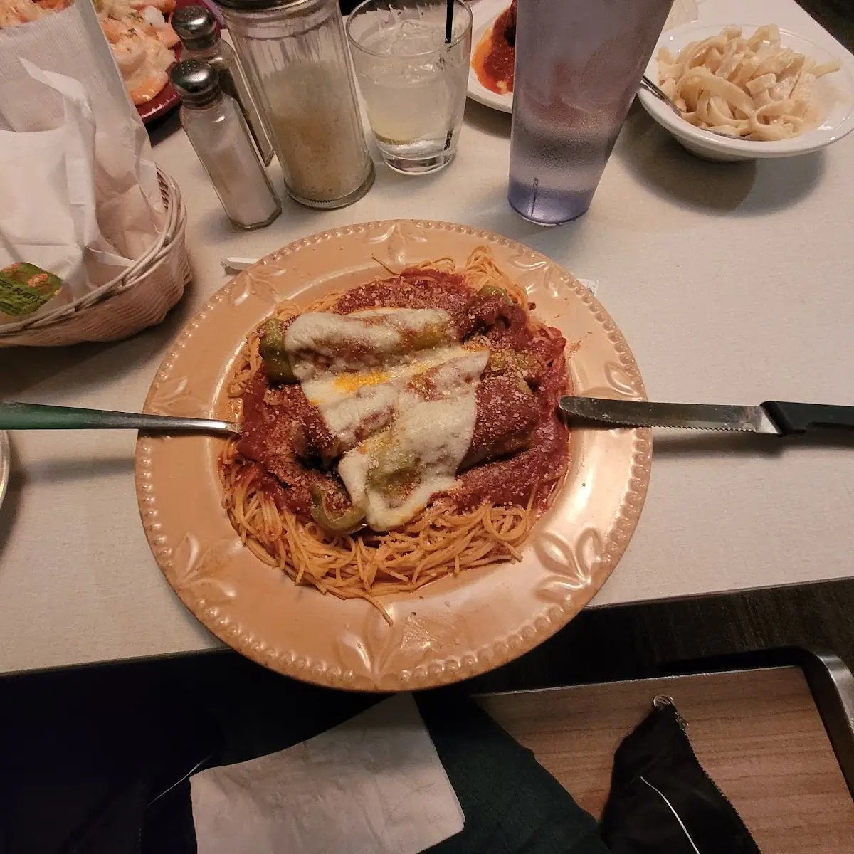 Stuffed Hot Peppers over Spaghetti