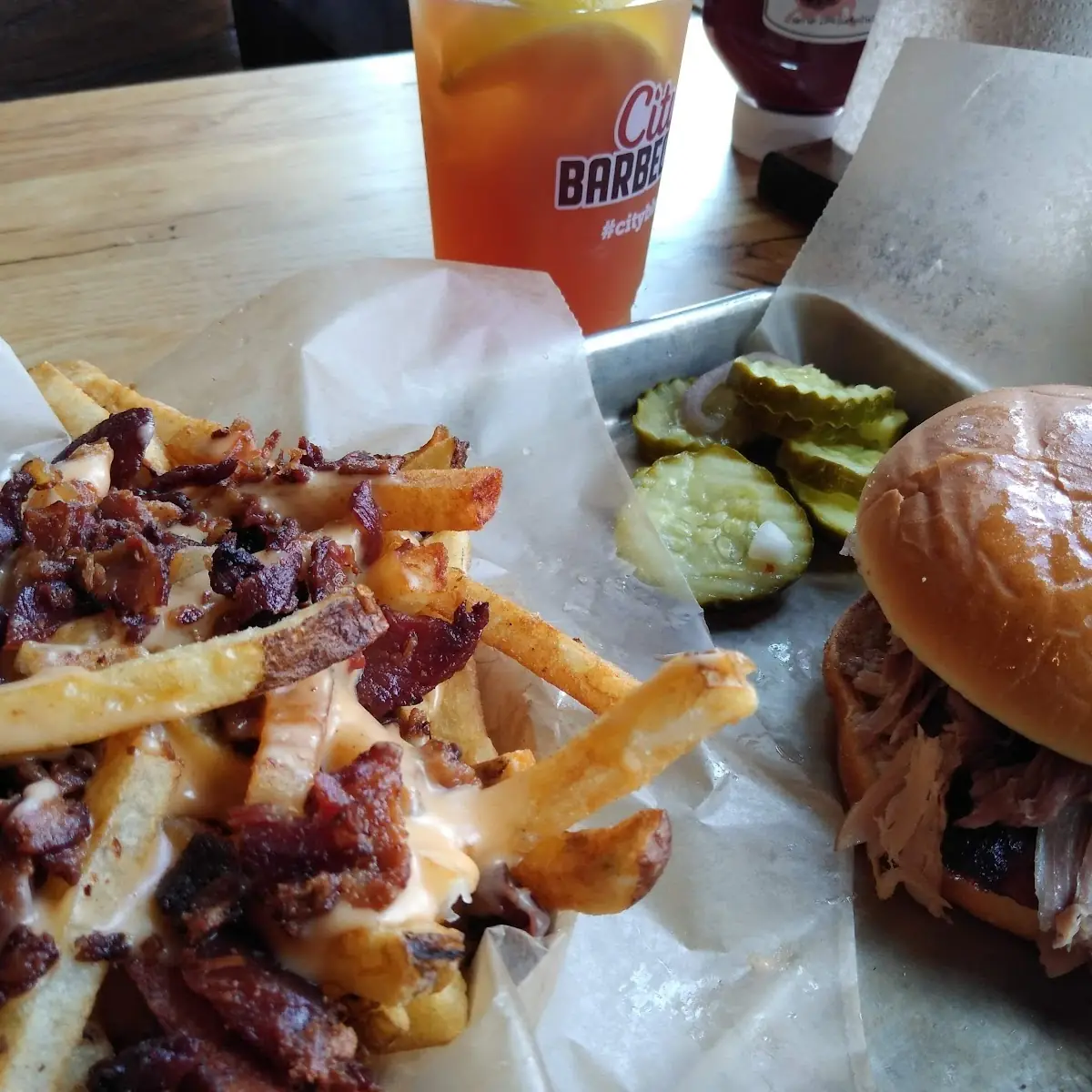 Bacon Cheddar Fries and Pulled Pork Sandwich