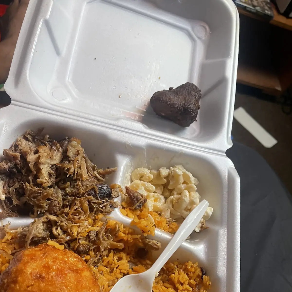 Spanish Rice Pernil Pulled Pork Macaroni Salad Platter & 1 Potato Ball