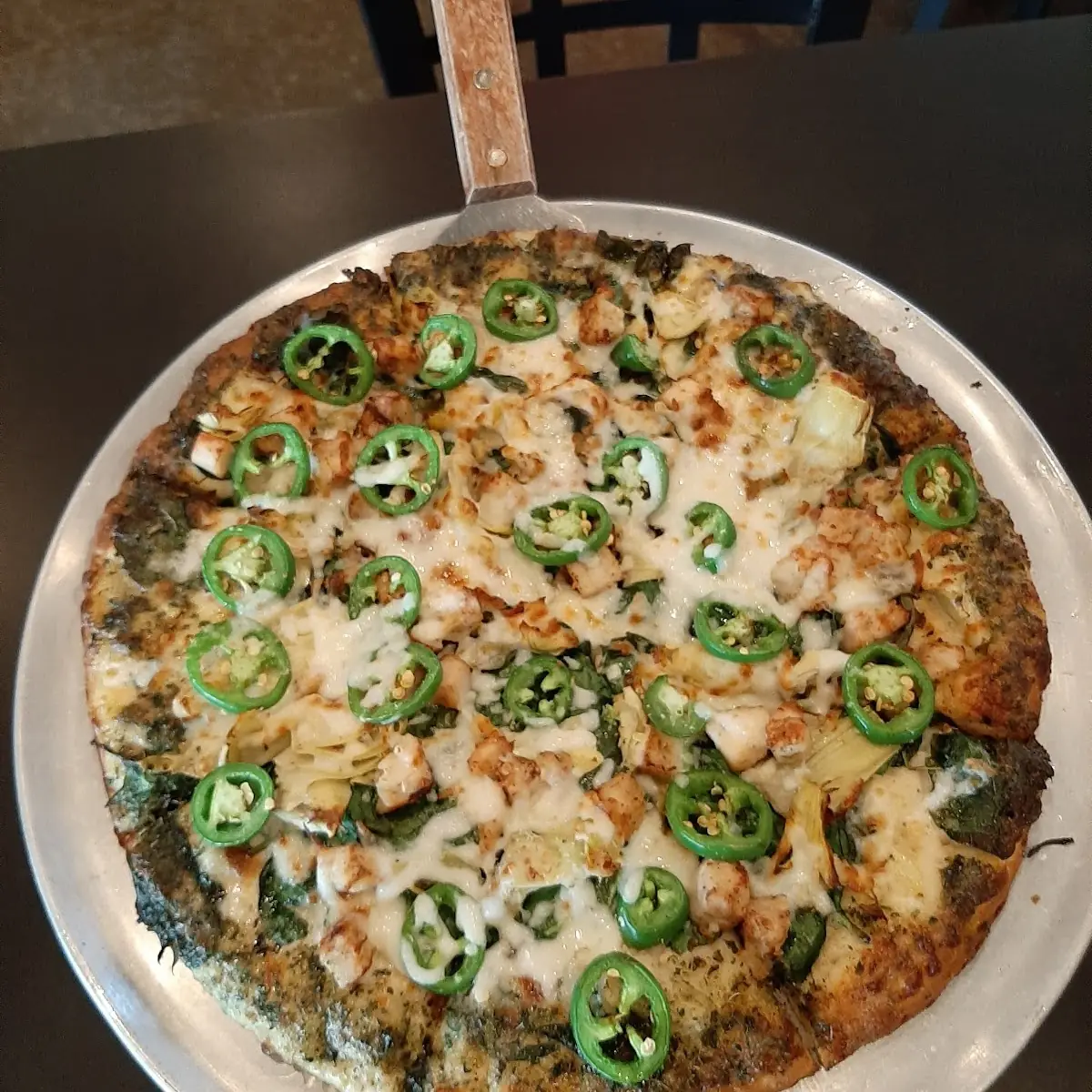 Spinach Artichoke Alfredo Pizza with Jalapenos