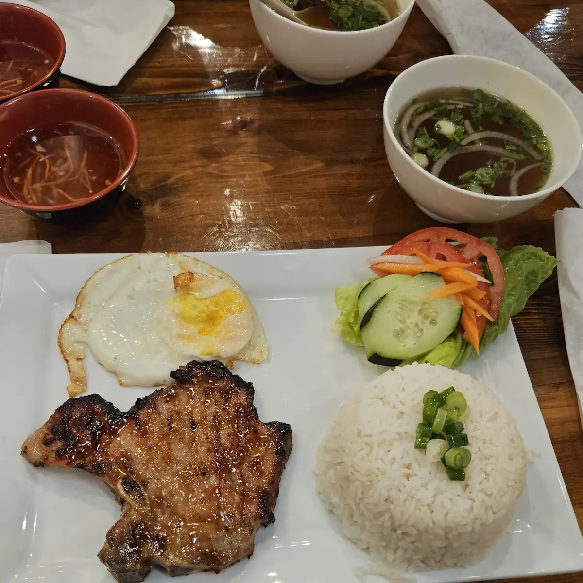 Grilled Pork Chop Egg with White Rice Com Suon Nuong Trung Chien