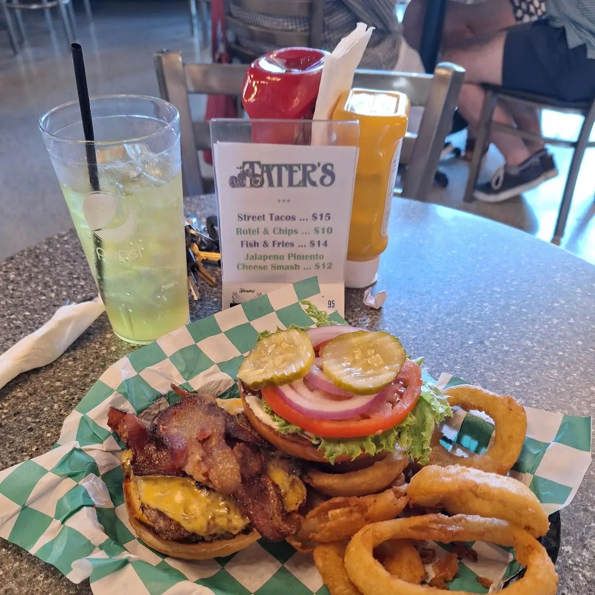 Bacon Smash Burger and Onion Rings