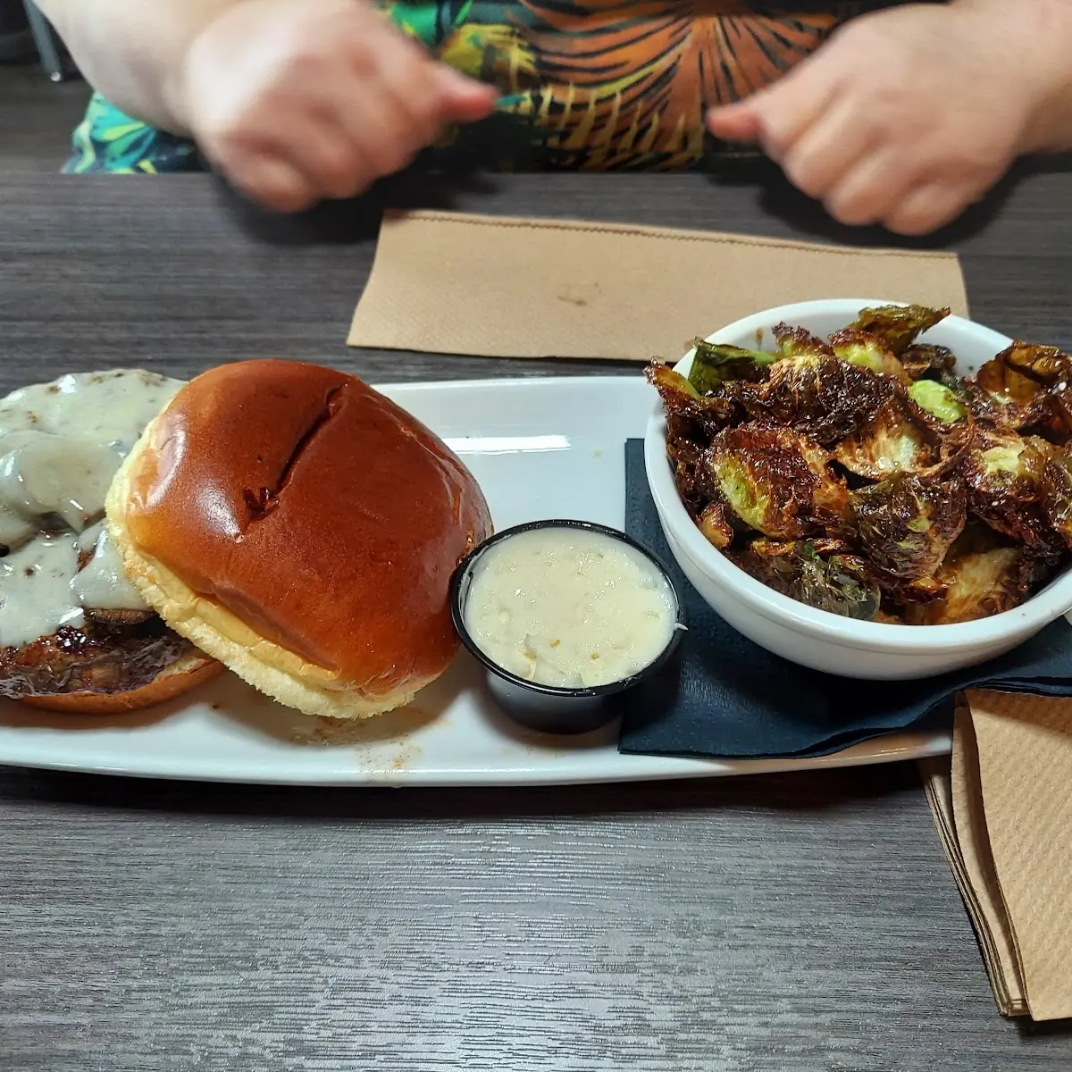 Mushroom Swiss Burger with Brussels Sprouts