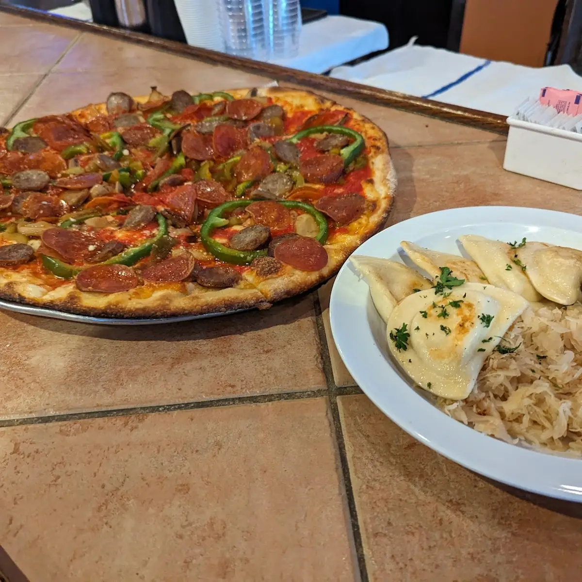 Combination Pizza and Pierogi's with Sauerkraut