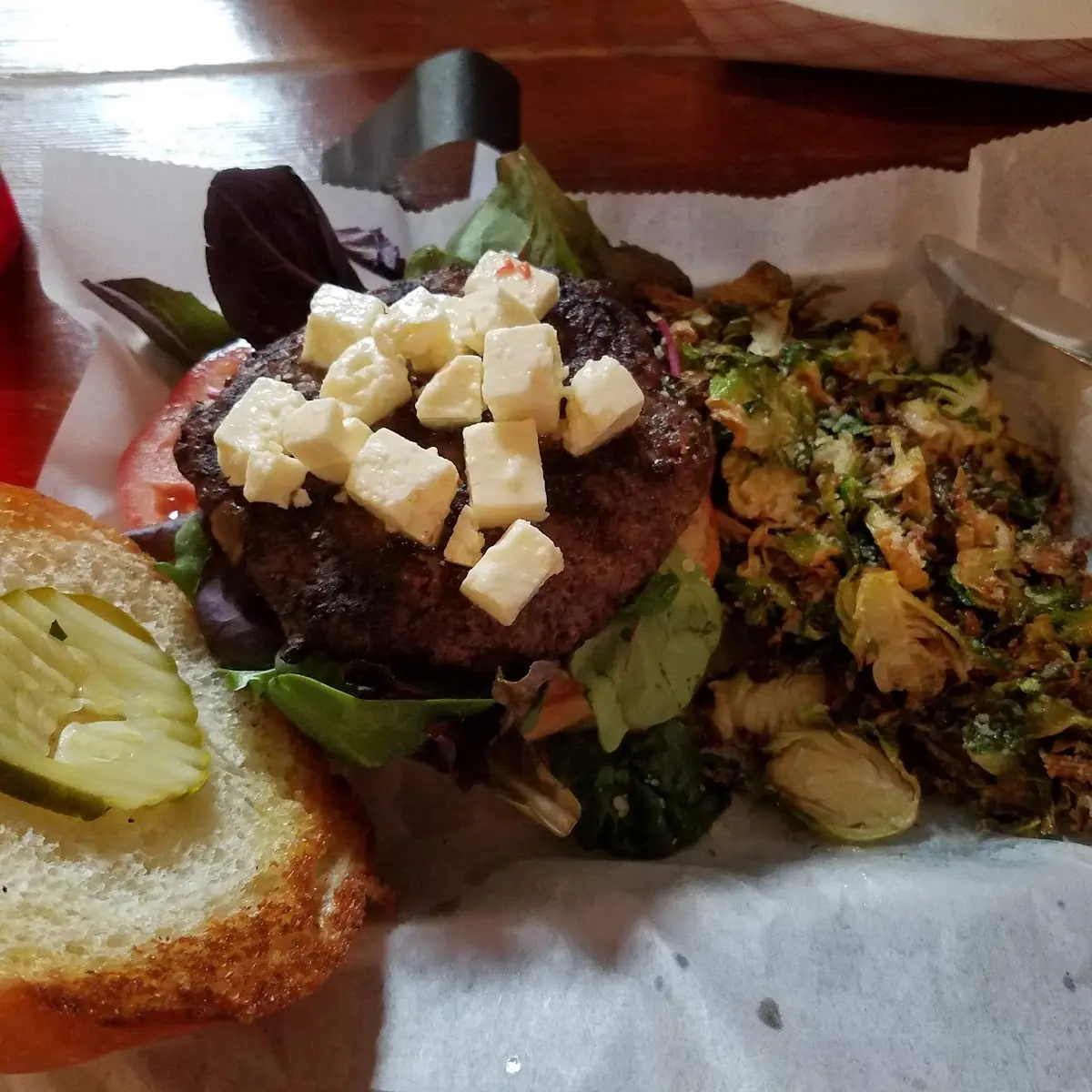 Blues Cheese Burger with a Side of Roasted Brussel Sprouts