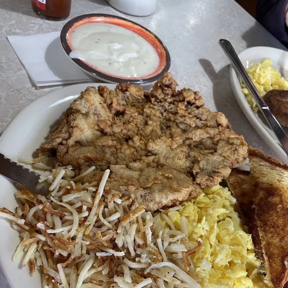 Chicken Fried Steak Hash Browns and Scrambled Eggs