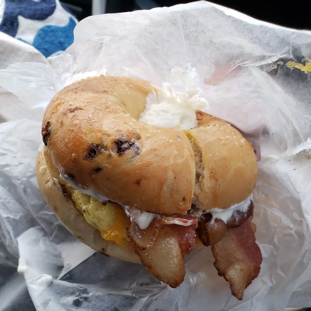 Chocolate Chip Bagel with Extra Cream Cheese and Bacon Eggs and Cheese