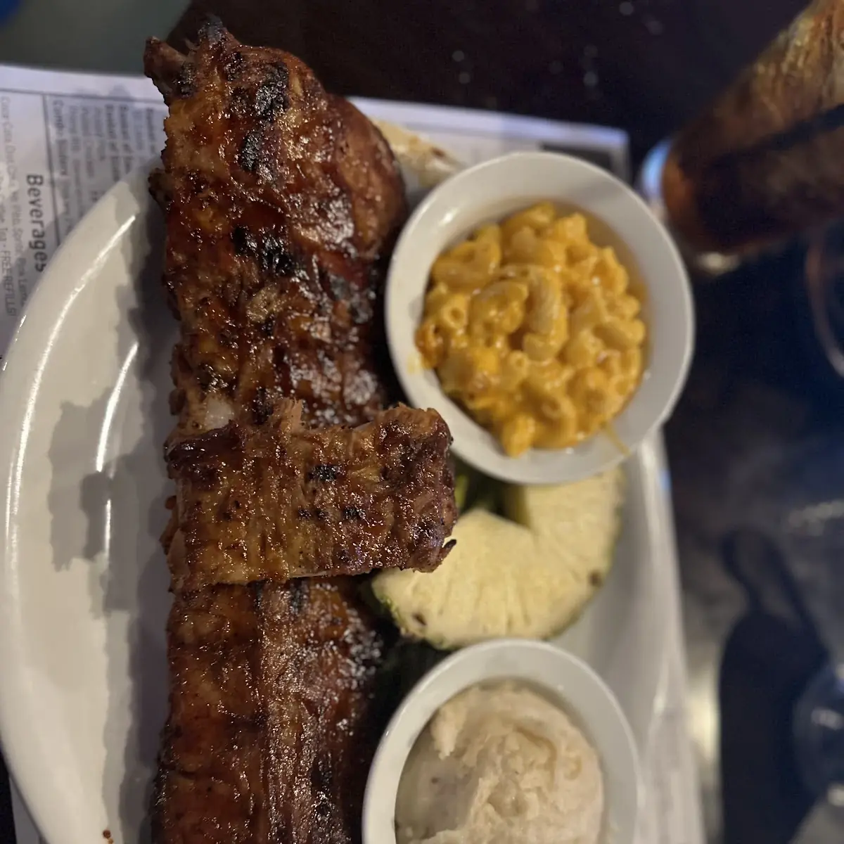 Full Rack Baby Back Ribs with Mac N Cheese and Garlic Mashed Potatoes