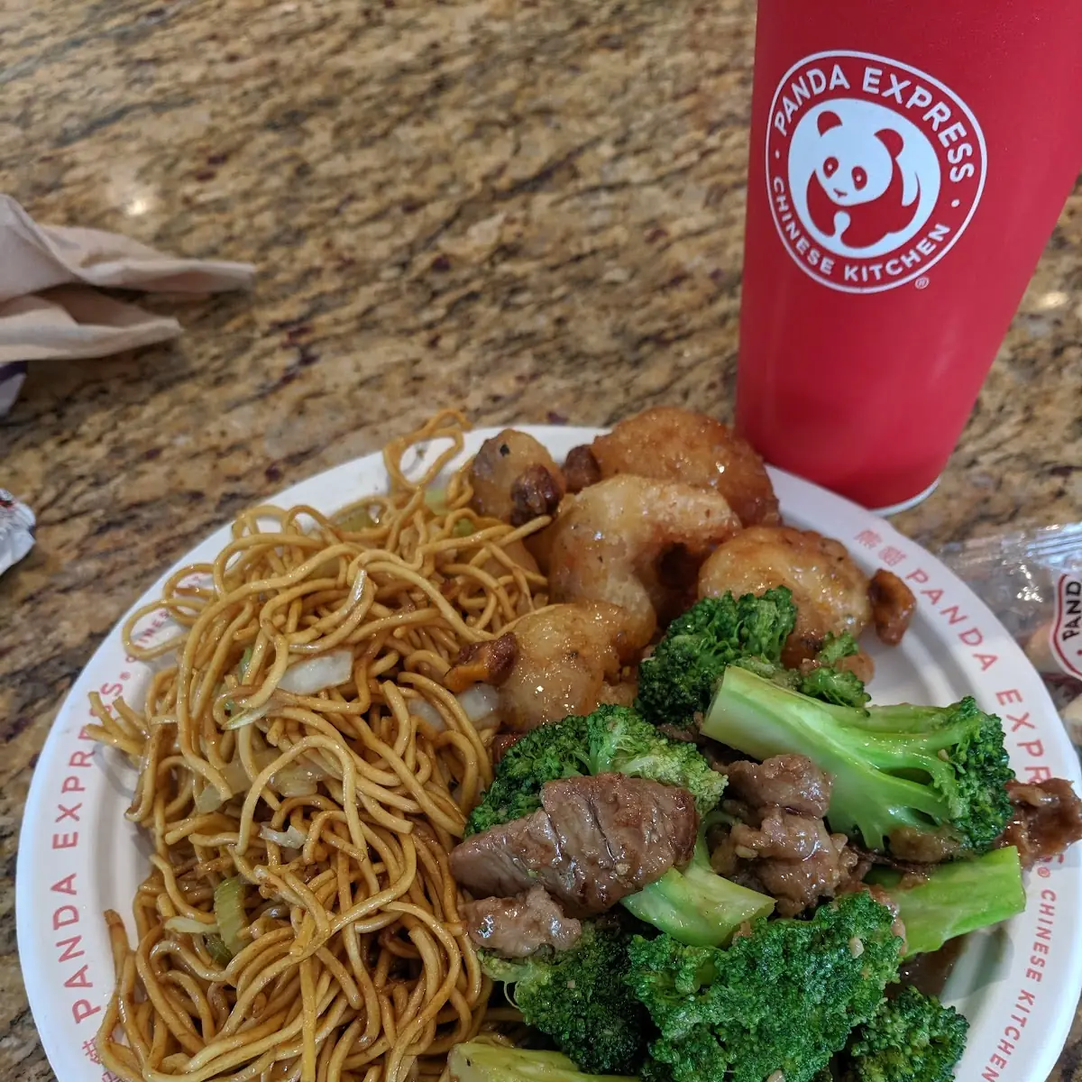 Walnut Shrimp Chow Mein with Broccoli Beef