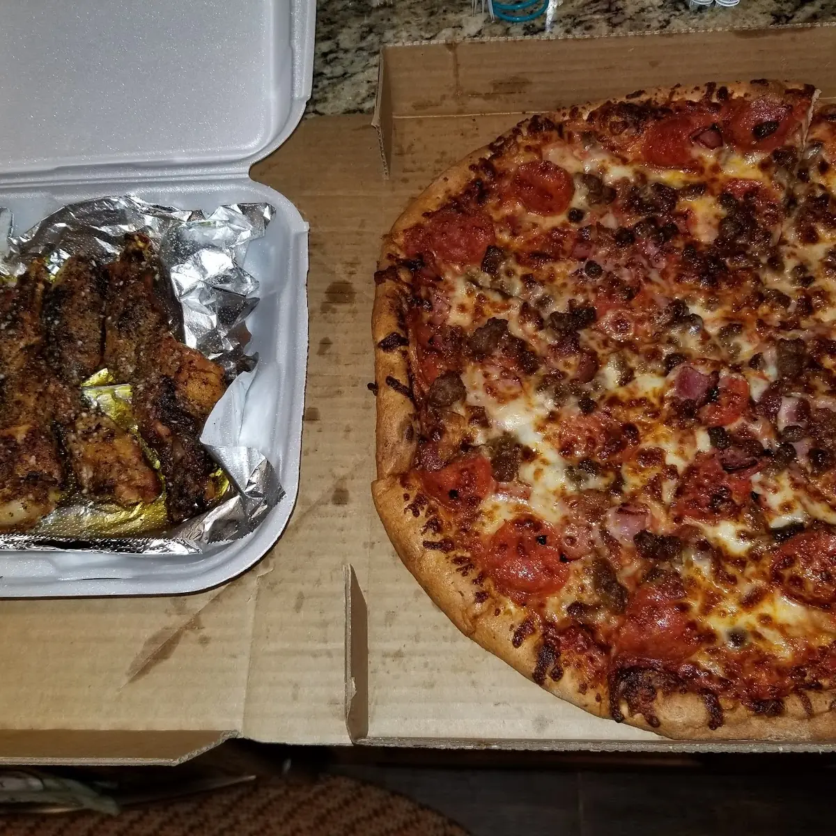 Garlic Parmesan Wings & Meat Pizza
