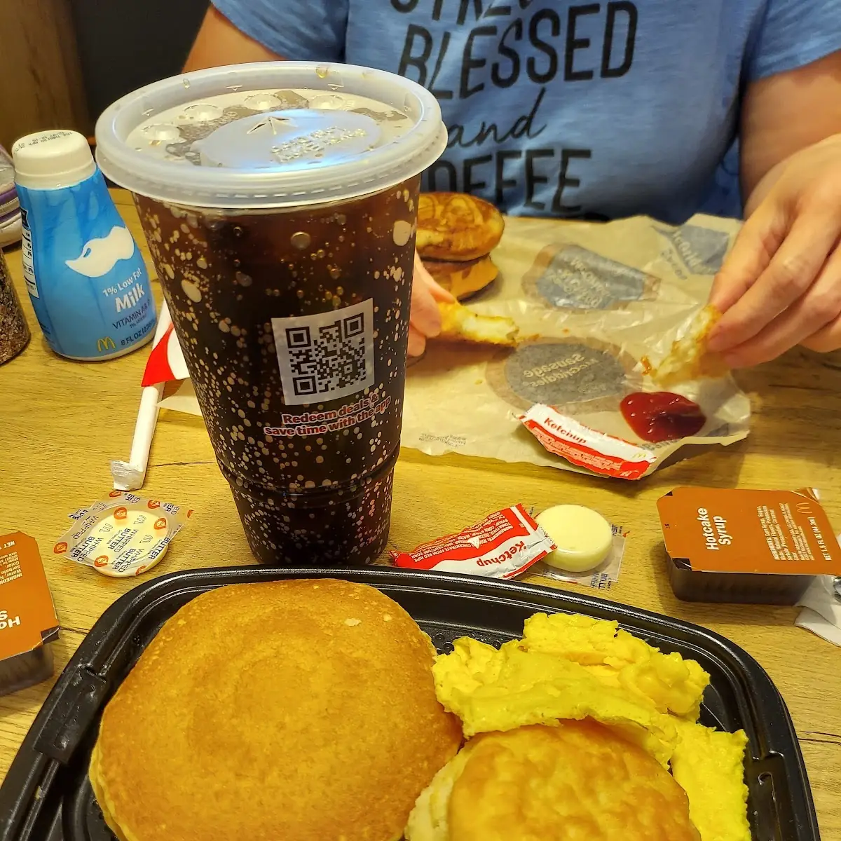 Pancakes and Eggs Hash Browns Dr Pepper
