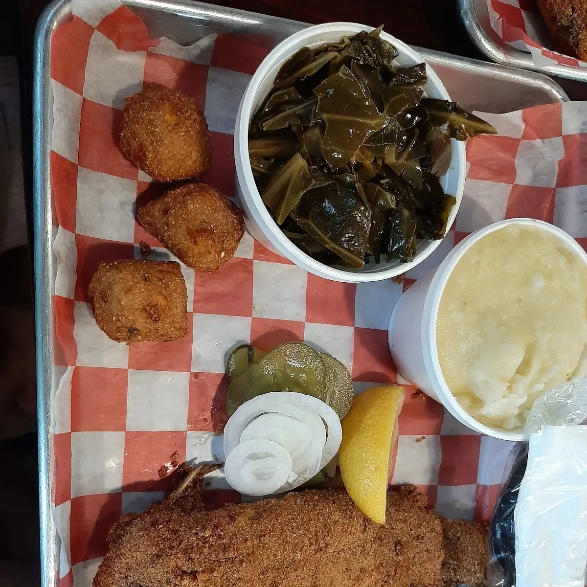 2 PC Whole Catfish Mashed Potatoes and Collard Greens