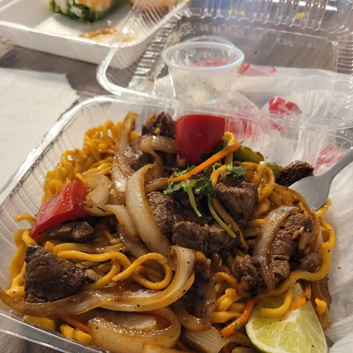 Shaking Cube Beef over Chow Mein